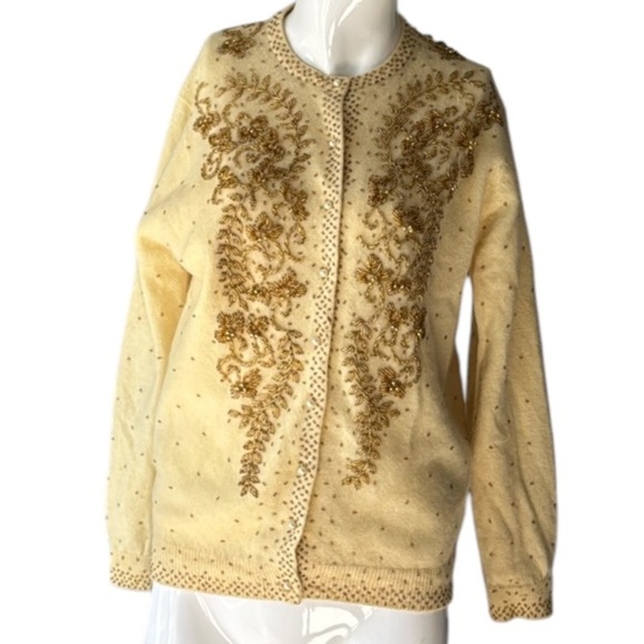 Vintage Butter Yellow & Gold Beaded Pearl Button Soft Cardigan Size XS/S - Picture 10 of 11